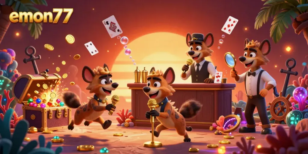 Experience the fun of emon77 at a vibrant comedy casino club with animated hyenas as entertainers.