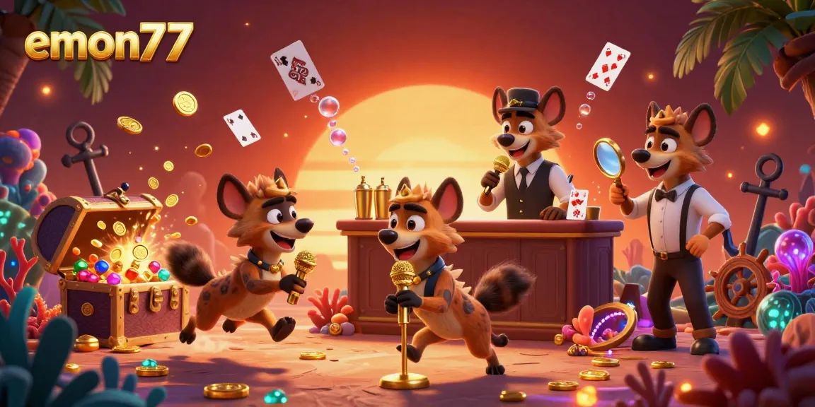 Experience the fun of emon77 at a vibrant comedy casino club with animated hyenas as entertainers.