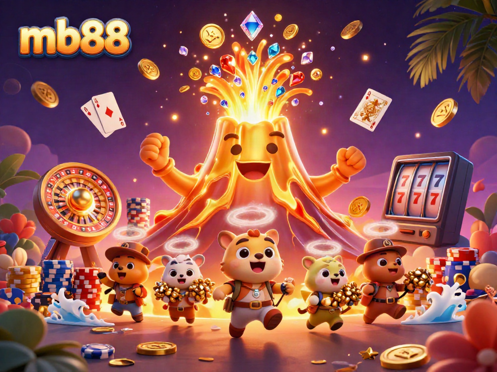 Win big with treasures from mb88's vibrant 3D casino world featuring a golden volcano and exploring creatures.