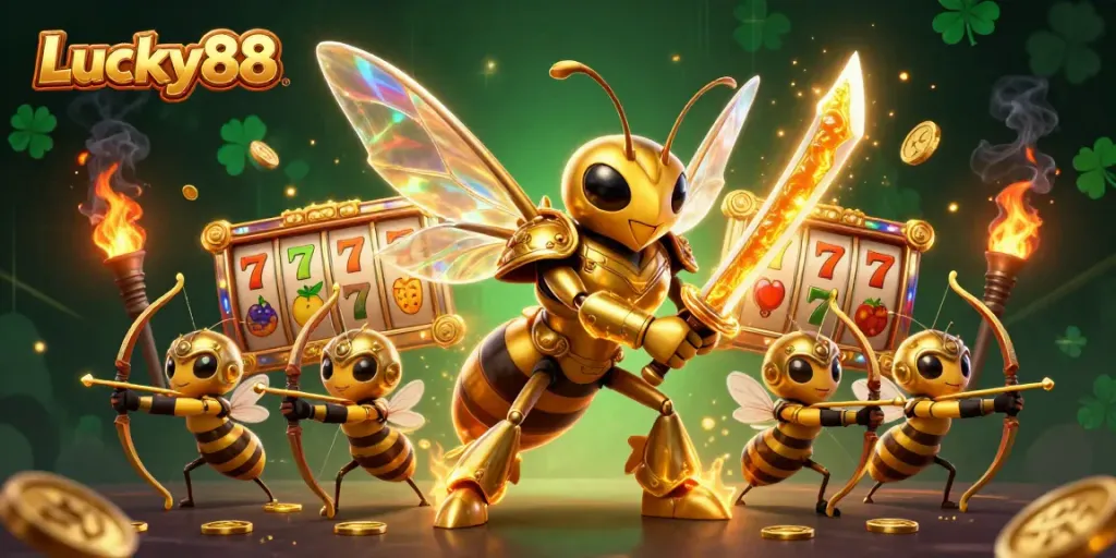 Experience thrilling gameplay with Lucky88, showcasing a vibrant casino scene filled with golden elements and animated characters.