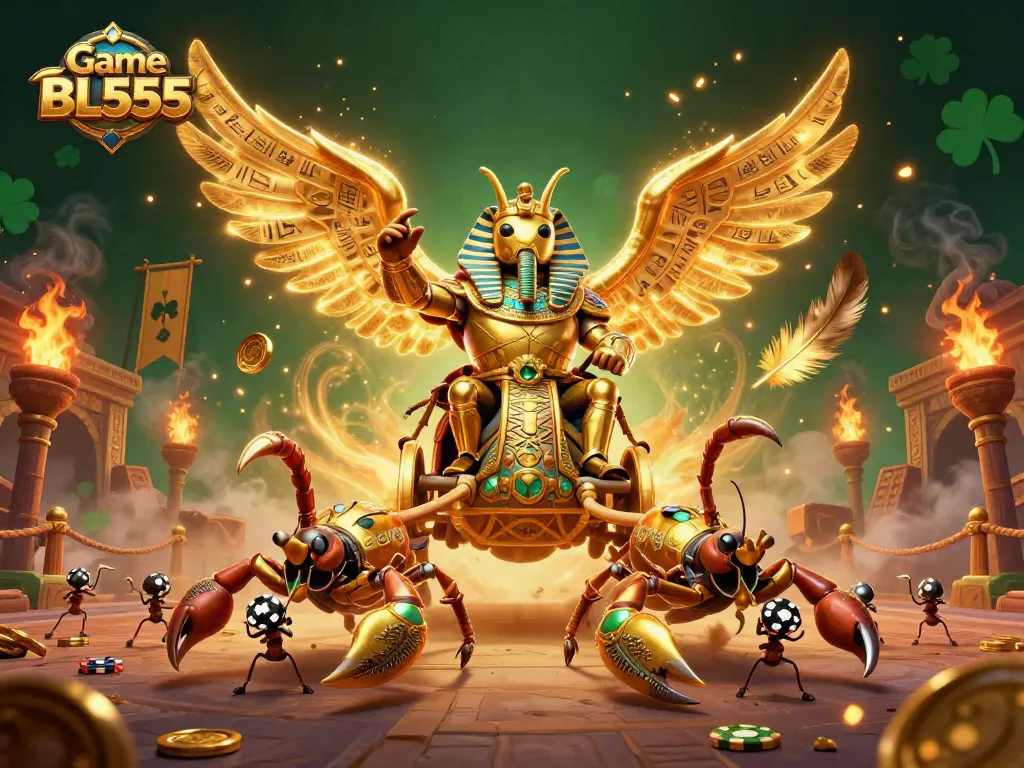 Experience the excitement of Game BL555 with a vivid casino illustration showcasing a grand scarab beetle and scorpions.
