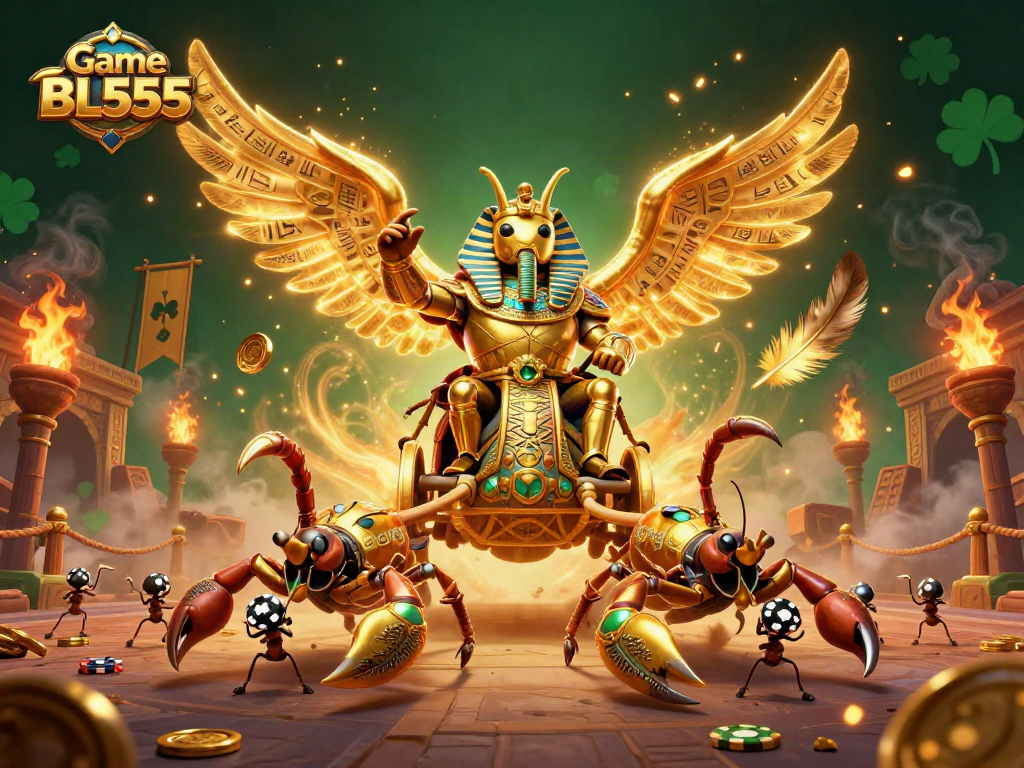 Experience the excitement of Game BL555 with a vivid casino illustration showcasing a grand scarab beetle and scorpions.
