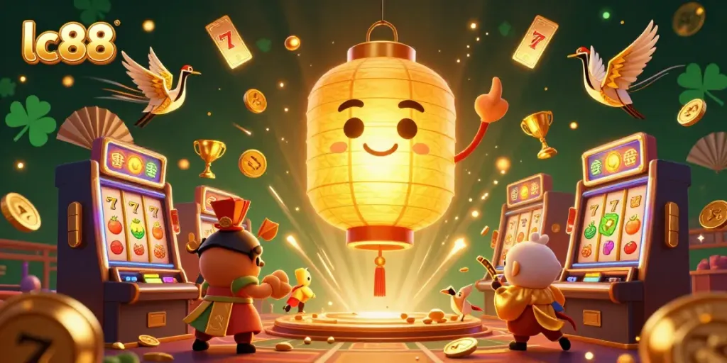 Experience thrilling gameplay at lc88 with vibrant casino characters, slot machines, and lucky symbols.