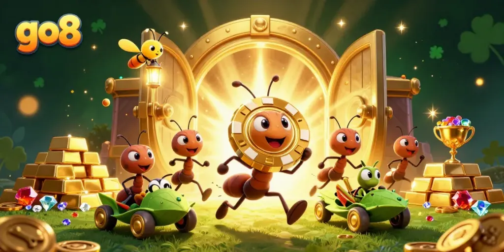 Experience the excitement of go8 with ants on a heist carrying a giant poker chip amidst gold treasures.
