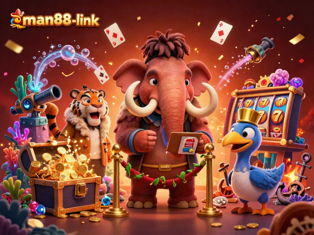 Check IDs with the man88-link casino bouncer in a vibrant online gambling scene full of treasures.
