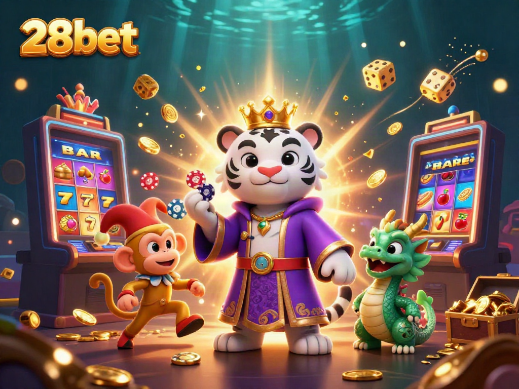 Experience exciting gameplay with 28bet featuring a dynamic scene of a tiger, monkey, and a dragon surrounded by casino elements.