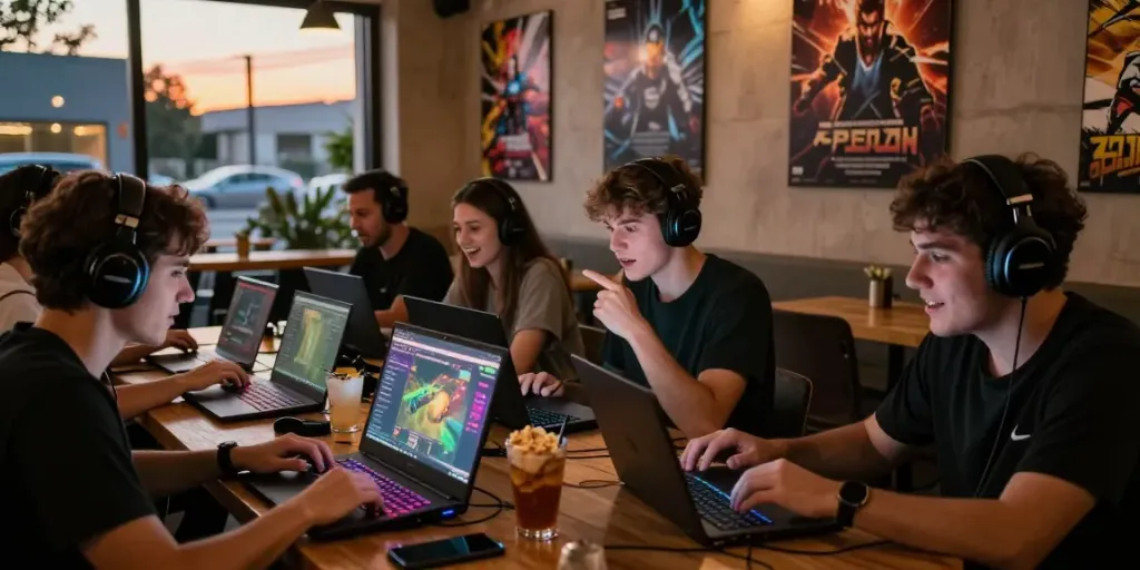 Friends enjoying garuda404 game session at cafe with vibrant sunset