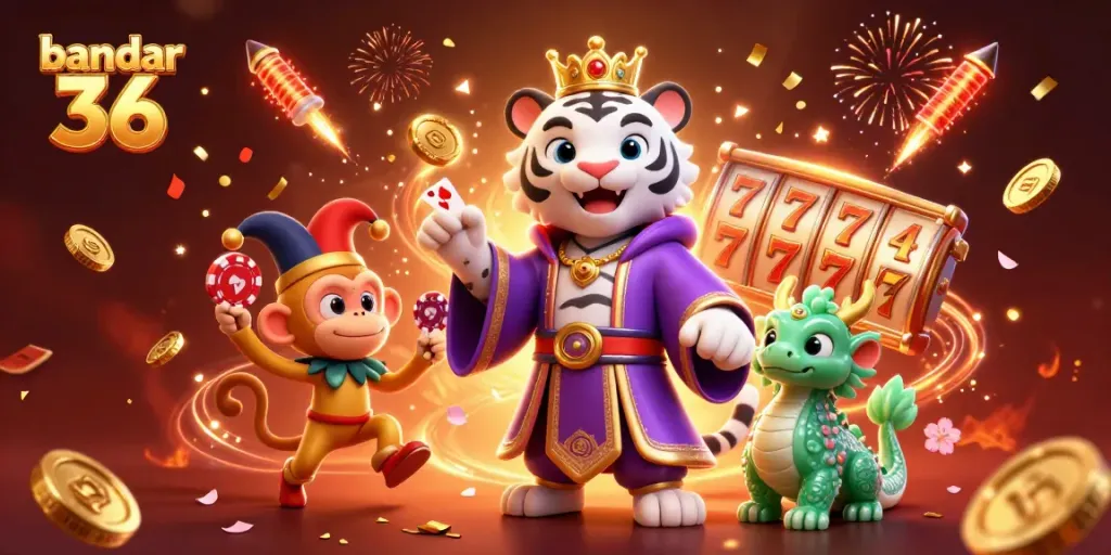 Bandar 36 mempromosikan slot dengan karakter kucing putih elegan dan koin emas berhamburan.