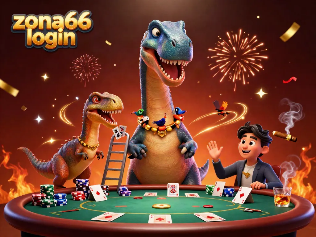 Experience thrilling gameplay at zona66 login with a giant brontosaurus overseeing a poker game scene.
