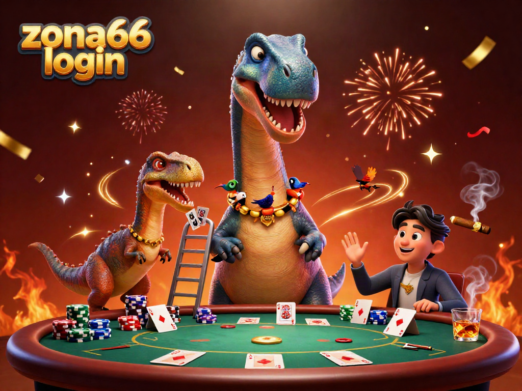 Experience thrilling gameplay at zona66 login with a giant brontosaurus overseeing a poker game scene.