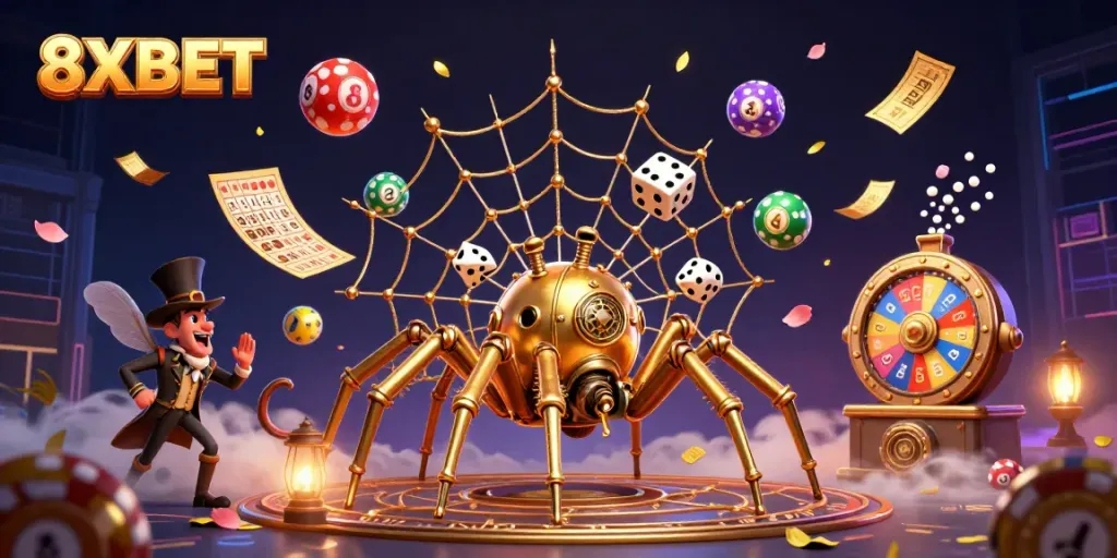 Win big with immersive 8XBET gaming featuring a steampunk spider and dynamic bonuses.