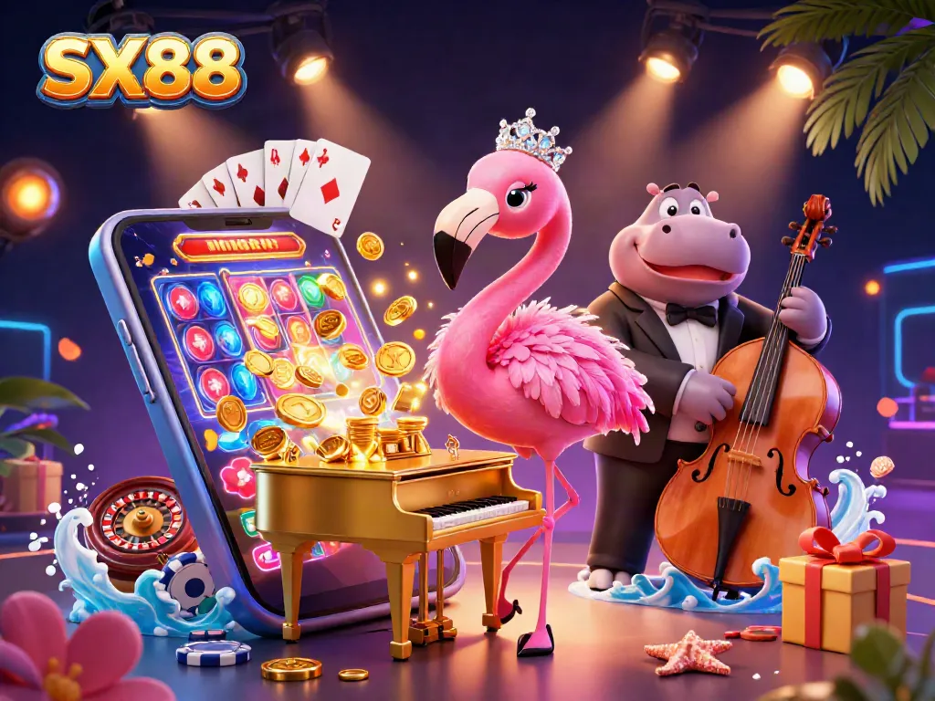 SX88 casino vibe featuring a glamorous flamingo singer and hippo bassist, promoting lively gaming action.