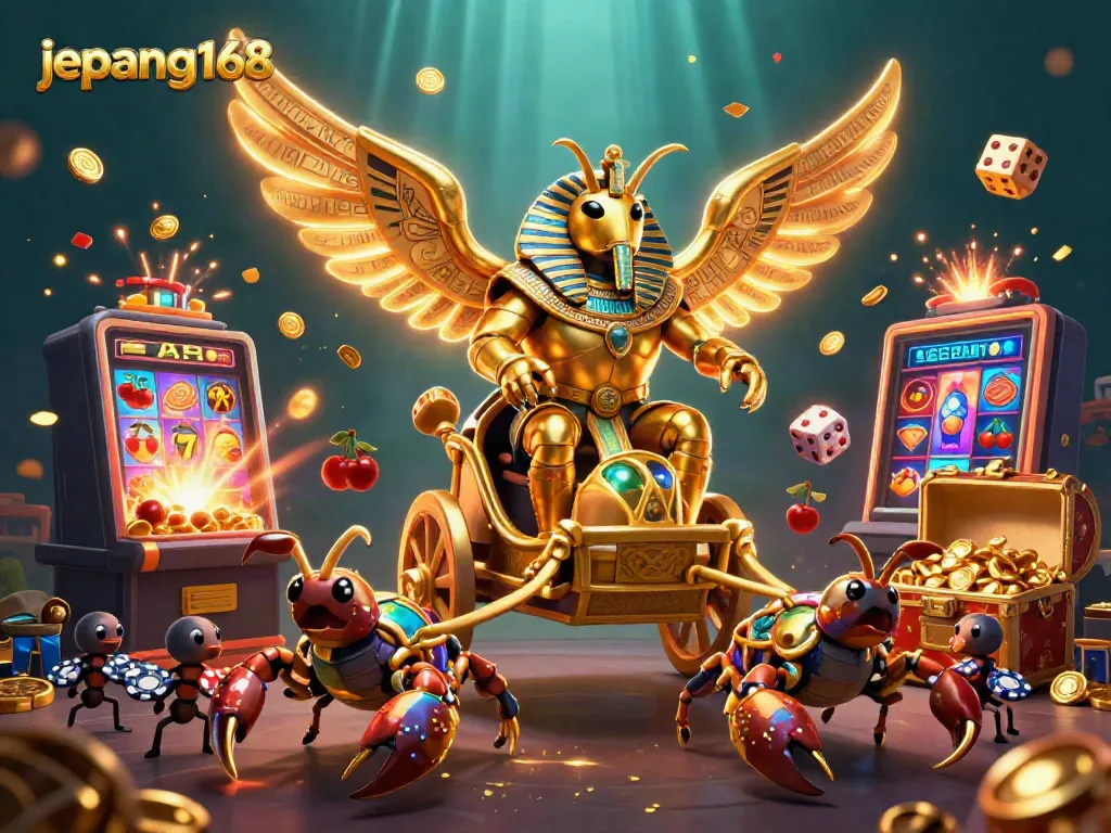 Engage in thrilling gameplay at Jepang168 with a vibrant casino scene featuring slot machines, jackpots, and sparkling treasures.
