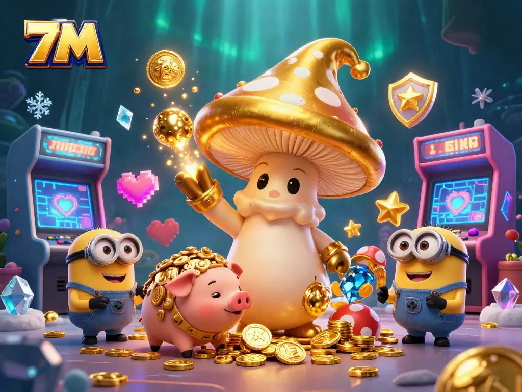 Experience electrifying gambling excitement with 7M's magical scene showcasing treasures and gaming action.