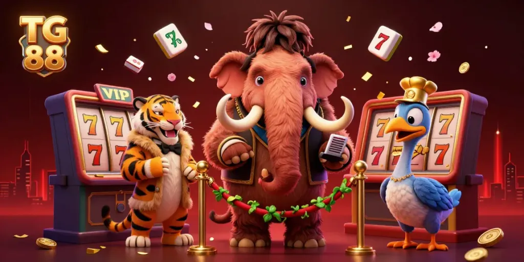 Join the fun at TG 88 with a vibrant 3D casino scene showcasing dynamic characters and game elements.