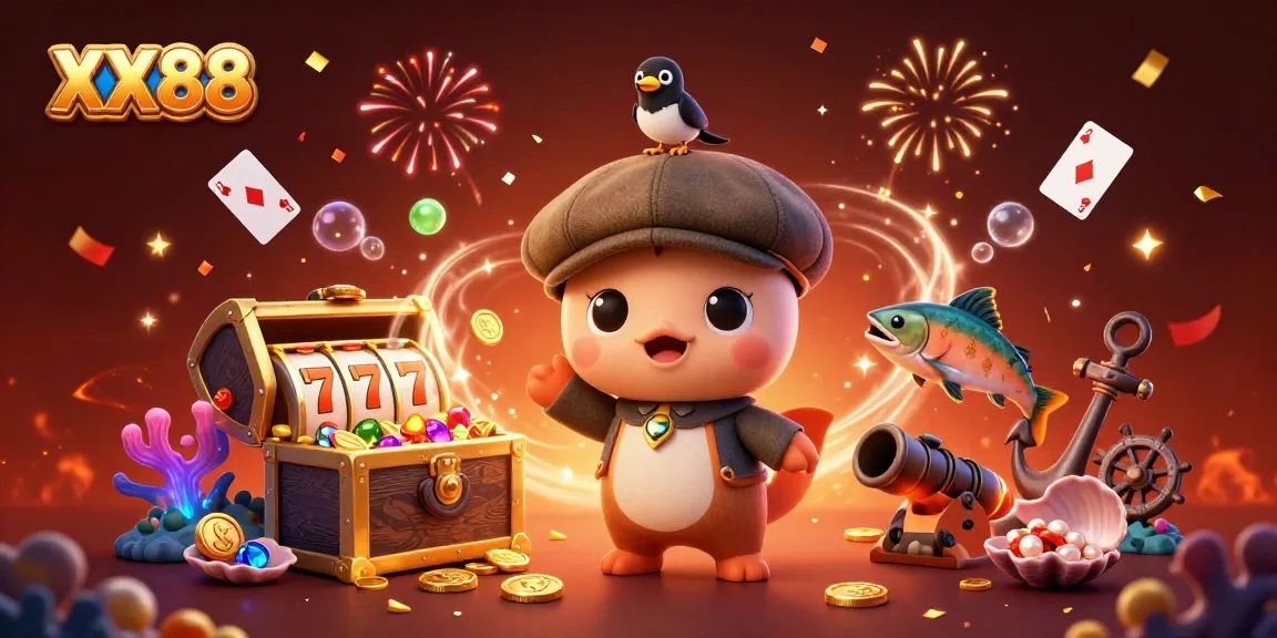 Win big with XX88 in this vibrant 3D casino-themed illustration featuring playful characters and dynamic game elements.