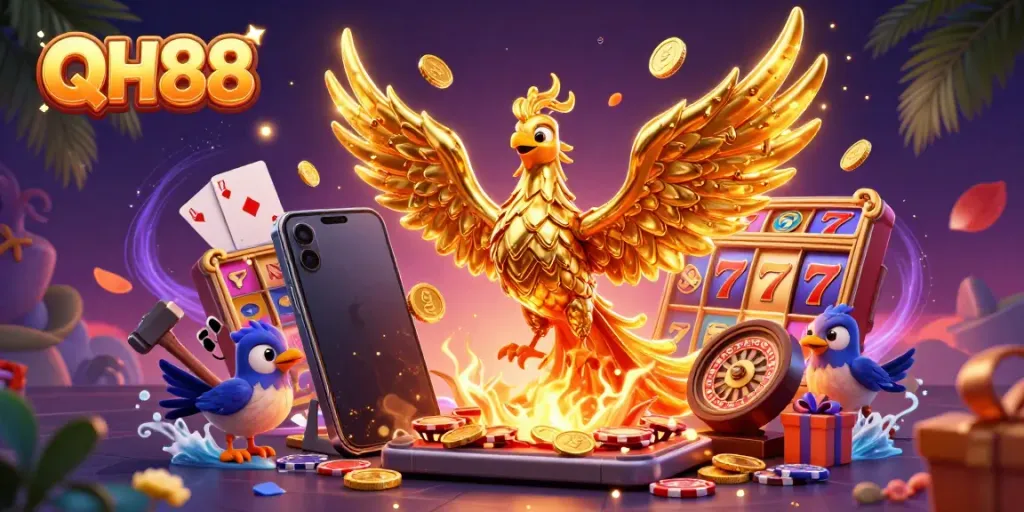 Experience thrilling excitement with QH88's vibrant 3D casino scene showcasing a golden phoenix and captivating game elements.