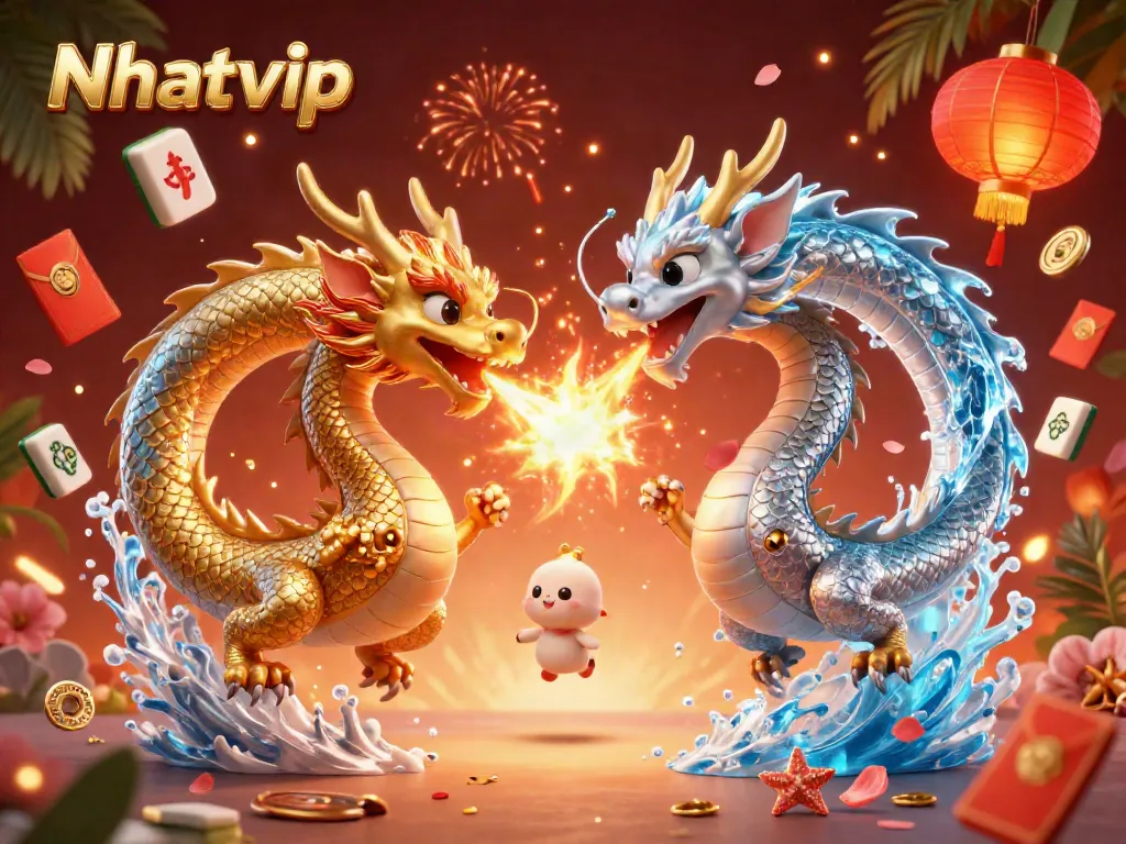 Nhatvip dragons invoke excitement in this vibrant casino scene filled with lucky symbols.