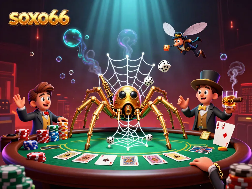 Experience the excitement of soxo66 with a vibrant 3D casino scene featuring a golden spider and poker elements.