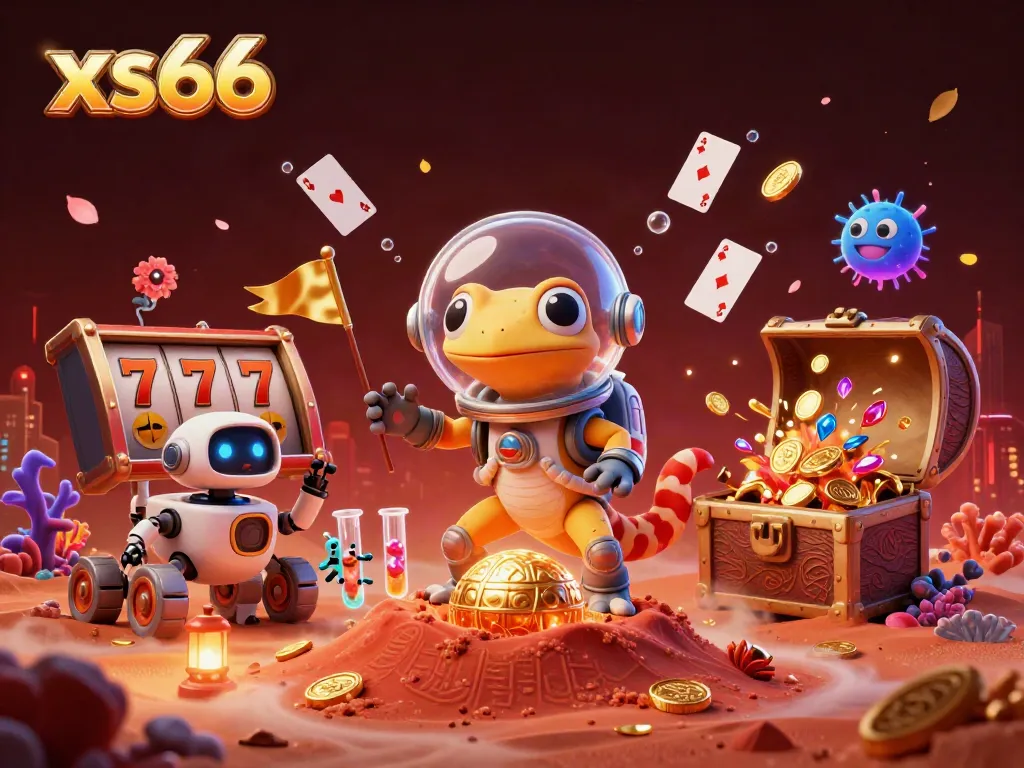 Experience excitement at xs66 with a cartoon Martian gecko discovering a golden casino filled with treasures.