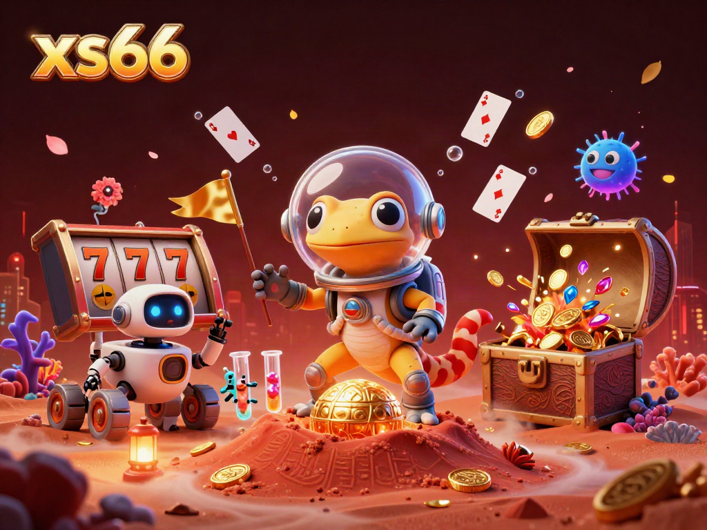 Experience excitement at xs66 with a cartoon Martian gecko discovering a golden casino filled with treasures.