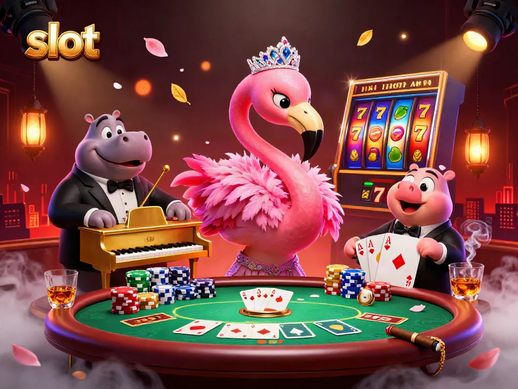 Engage with vibrant slot machine scenes alongside a flamboyant flamingo singer and a hippo bassist.