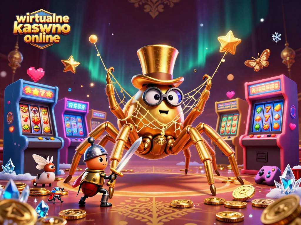 Play exciting games at wirtualne kasyno online, featuring a lively scene with vibrant characters and casino elements.