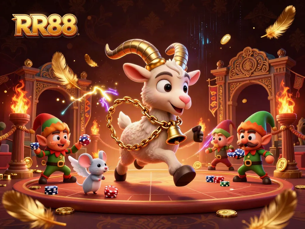 Join the thrilling RR88 casino experience with Krampus and playful characters stealing poker chips.
