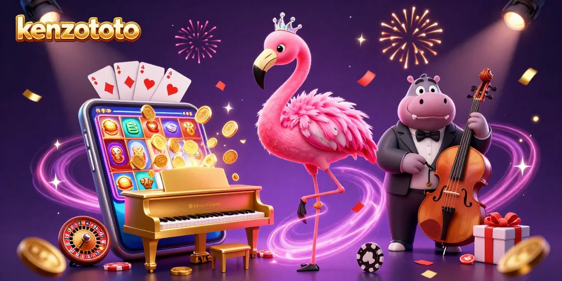 Experience the excitement of kenzototo with colorful slot games and dynamic characters in a lively casino scene.