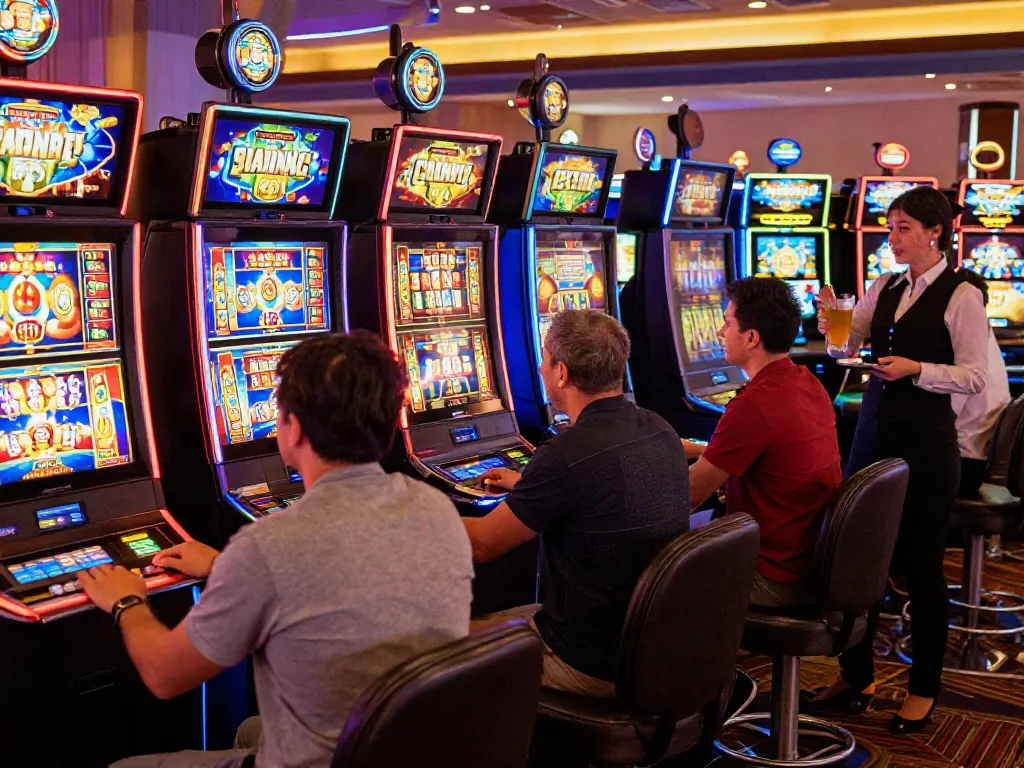 Players enjoying the thrill of slot machines in a vibrant casino, showcasing excitement and gaming atmosphere.