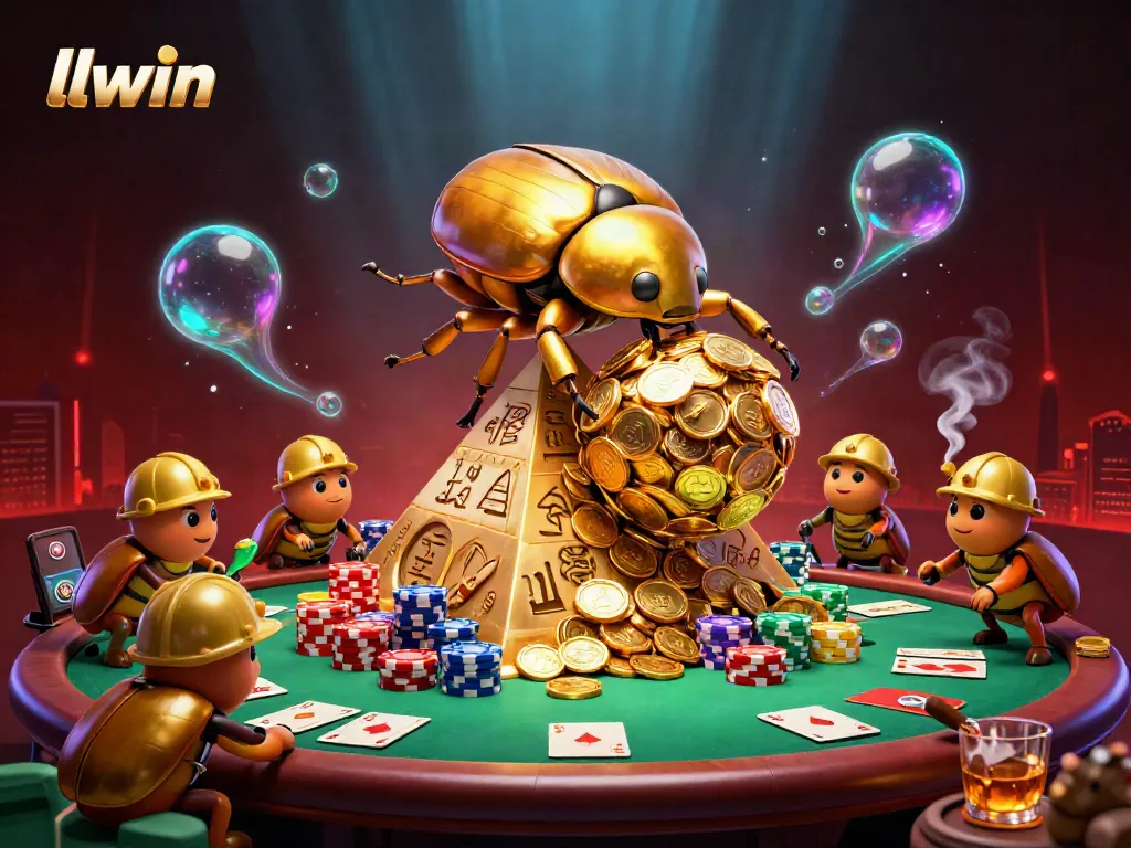 llwin showcases a golden beetle rolling coins, surrounded by poker items and vibrant casino elements