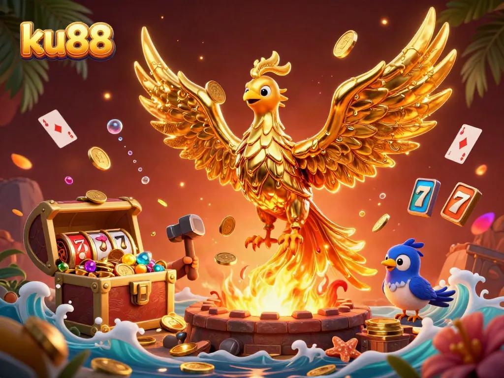 Experience the excitement of ku88 with a golden phoenix and dynamic casino elements.