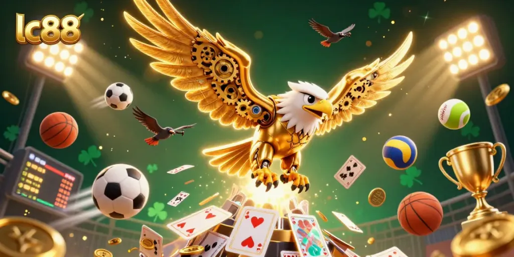 Experience thrilling betting excitement with lc88 in this dynamic scene featuring a cybernetic eagle and sports elements.