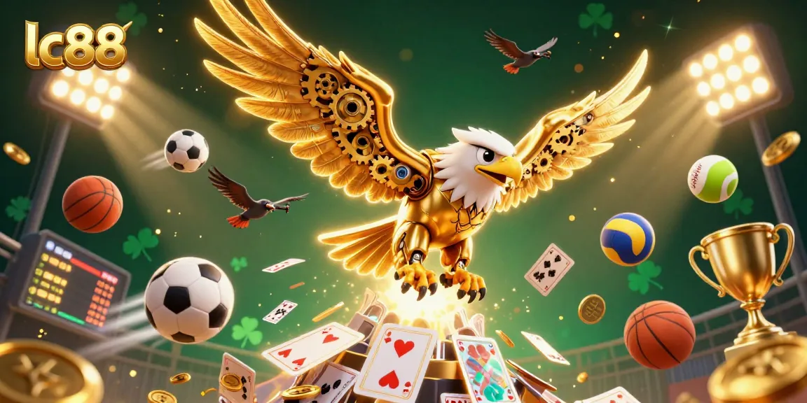 Experience thrilling betting excitement with lc88 in this dynamic scene featuring a cybernetic eagle and sports elements.