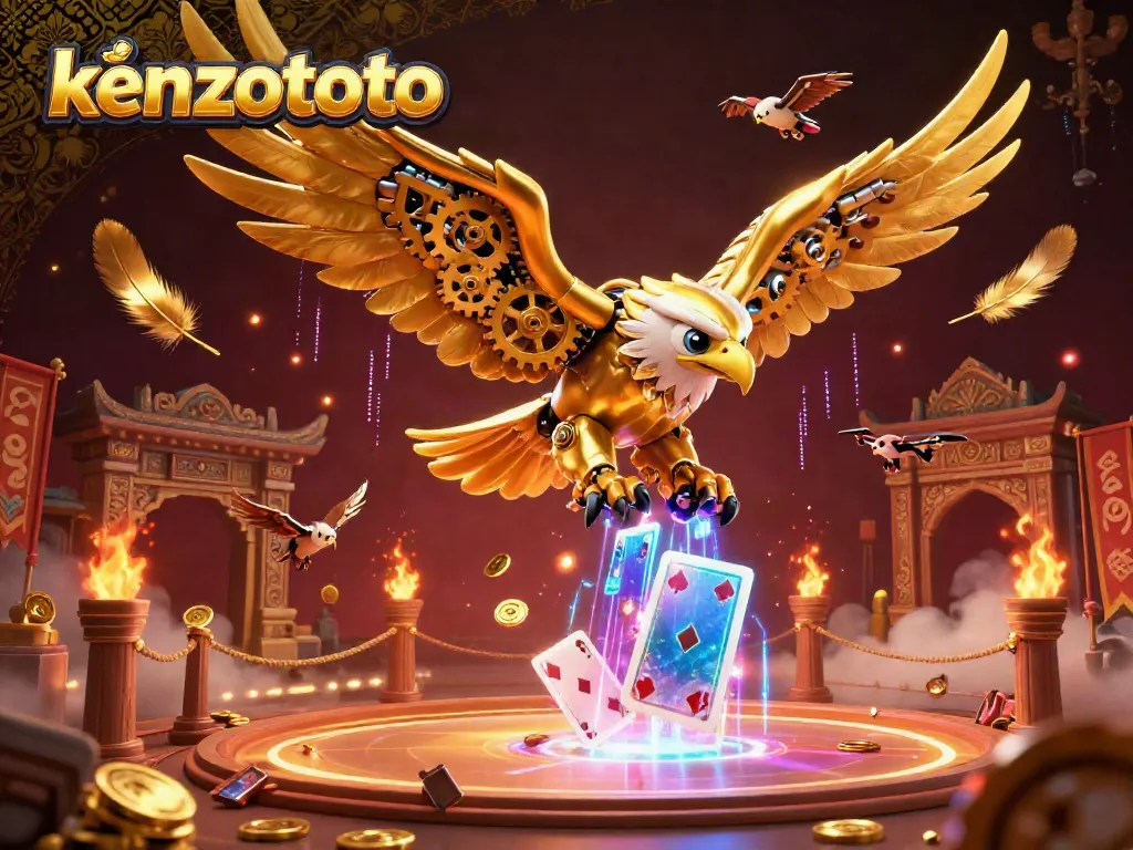 Experience thrilling gameplay with kenzototo, illustrated by a cybernetic eagle amidst swirling playing cards and golden elements.