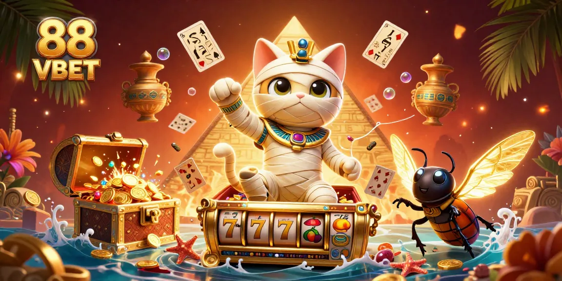 Experience the thrill of 88 VBET slots with a dynamic pyramid casino scene featuring vibrant characters.
