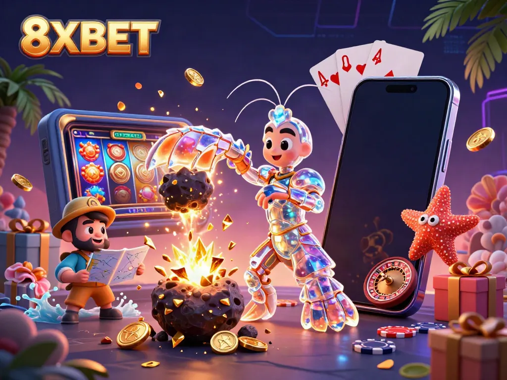 Join the exciting world of 8XBET with vibrant casino elements featuring a cartoon mantis shrimp and starfish.