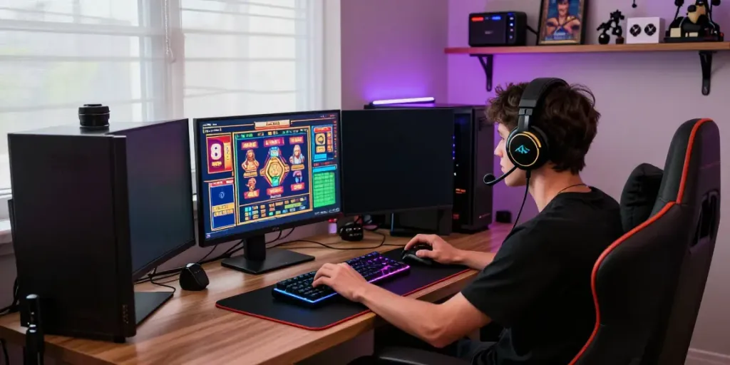 Player enjoying a slot gacor session with colorful games and gaming accessories.