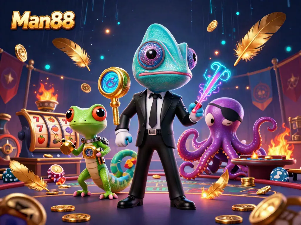 Experience the thrill of gaming with Man88, featuring a vibrant chameleon, a tech-gecko, and an octopus in a dynamic casino scene.