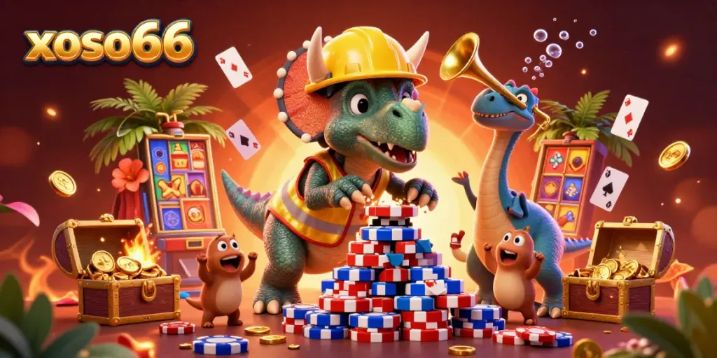 Xoso66 players engage with 3D triceratops building poker chip pyramids amidst vibrant casino elements.