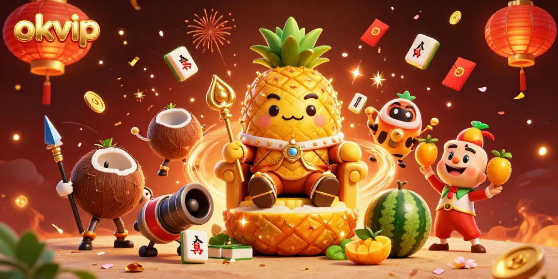 Experience the thrilling excitement of okvip at a vibrant casino scene featuring a pineapple king and festive elements.