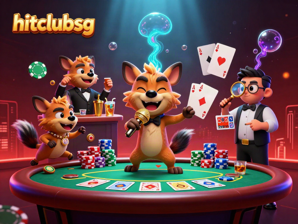 Engage with hitclubsg in a lively 3D cartoon casino scene featuring hyenas as entertainers and bartenders.