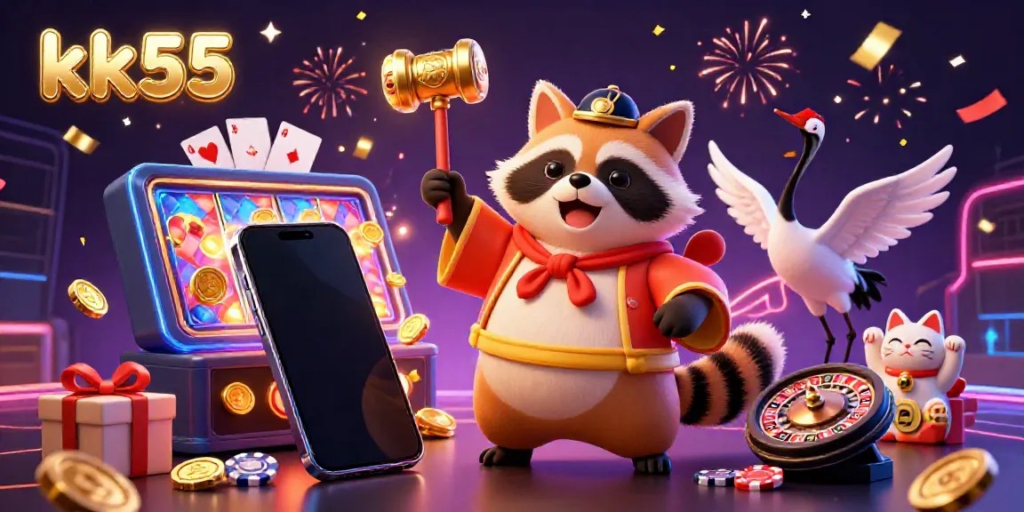 Experience the thrill of winning at kk55 with a colorful 3D casino illustration featuring a joyful tanuki, a crane, and waving fortune cats.