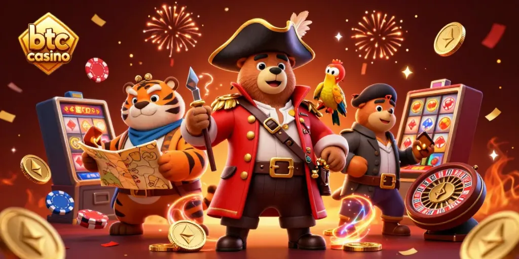 Engage with the vibrant world of the btc casino featuring dynamic characters and floating elements.