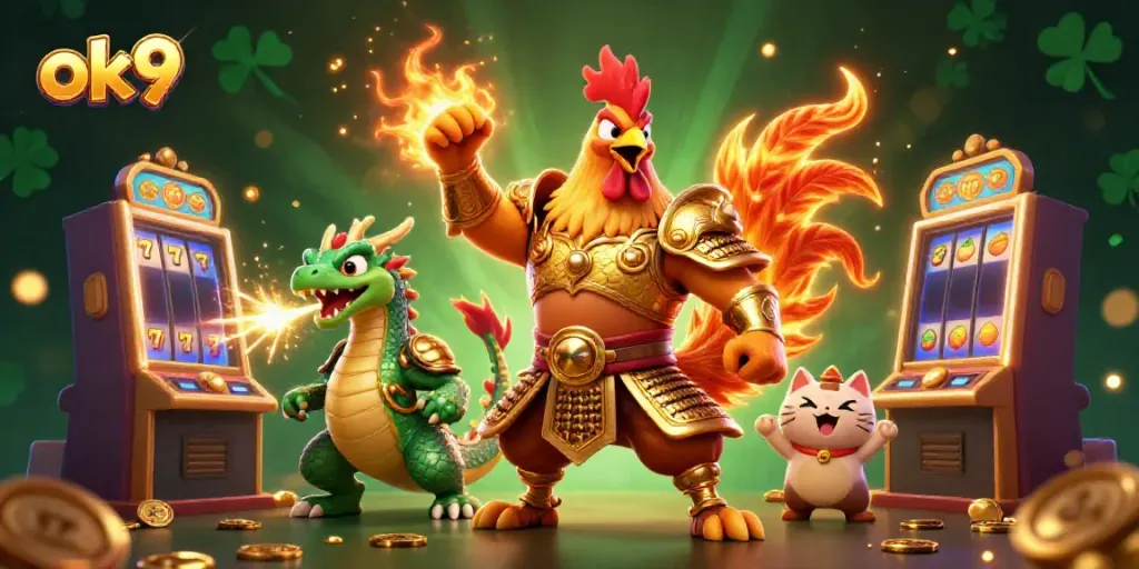 Engage in winning strategies with ok9 in this vibrant casino-themed 3D illustration featuring dynamic characters and elements.