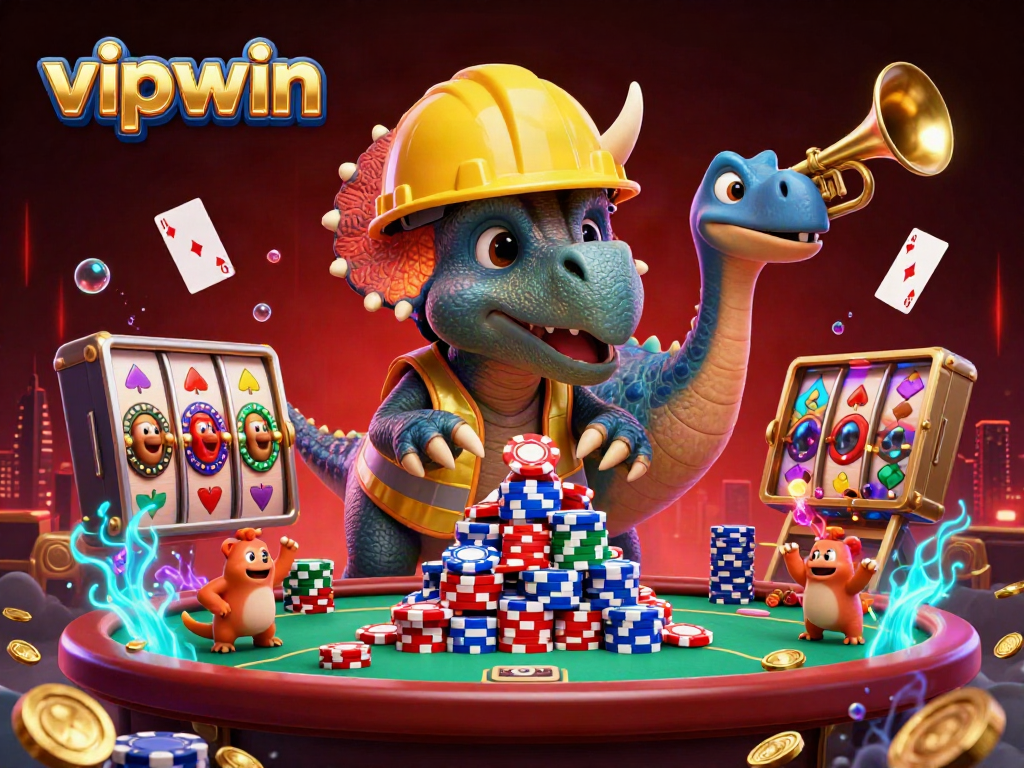 Engage in thrilling gameplay with vipwin's vibrant casino scene showcasing exciting slot reels and poker games.
