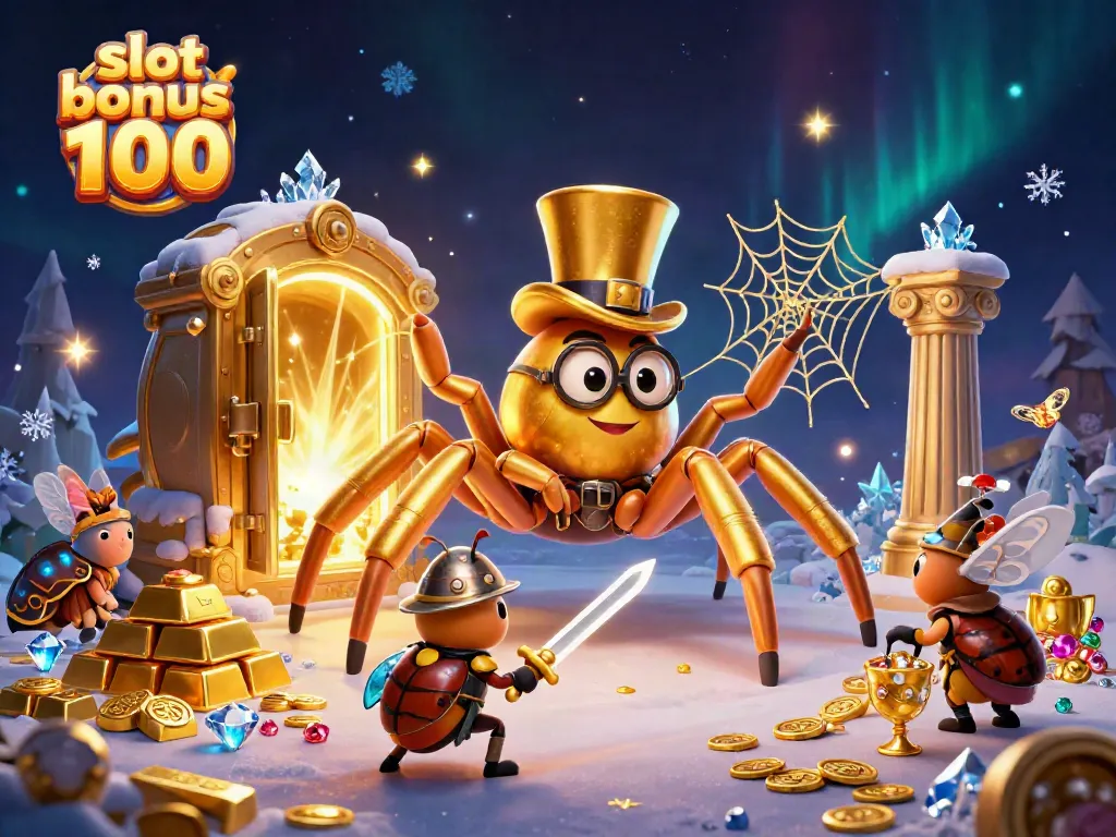 Engage in exciting gameplay with slot bonus 100 featuring a golden tarantula and heroic beetle knight, amidst a treasure-filled casino.