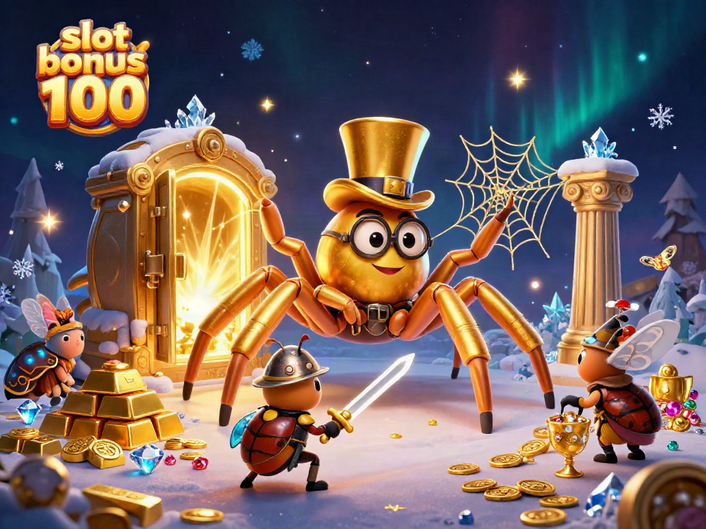 Engage in exciting gameplay with slot bonus 100 featuring a golden tarantula and heroic beetle knight, amidst a treasure-filled casino.