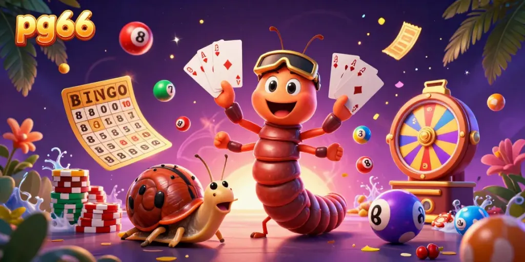 Experience thrilling gaming at pg66 with a vibrant illustration of a millipede dealer and high-roller snails amid dynamic casino elements.