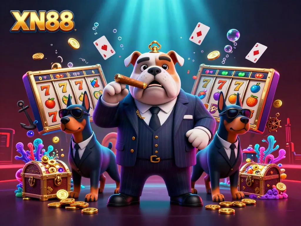 Xn88 showcases a dynamic casino scene with slot machines, gold coins, and vibrant characters, creating an engaging atmosphere.